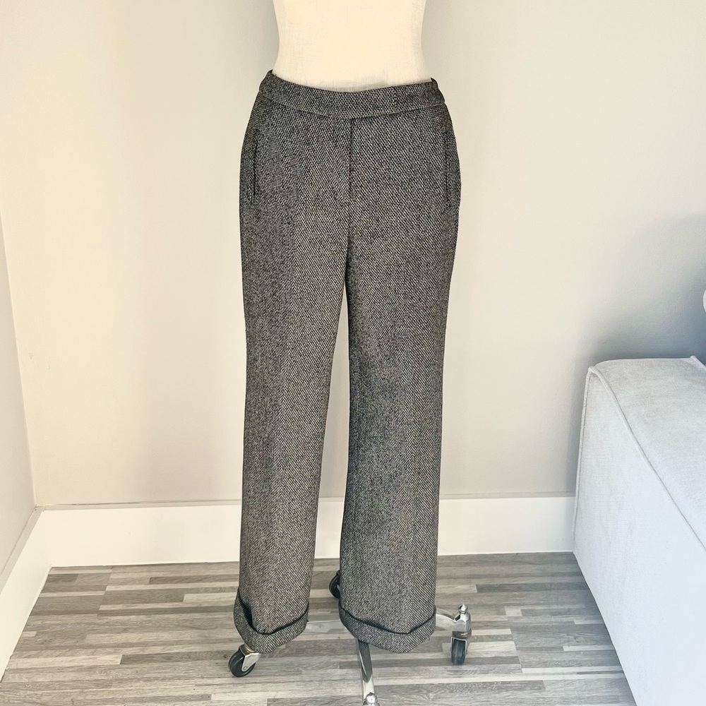 Vintage black and white mid rise tweed look cuffed straight leg trousers pants